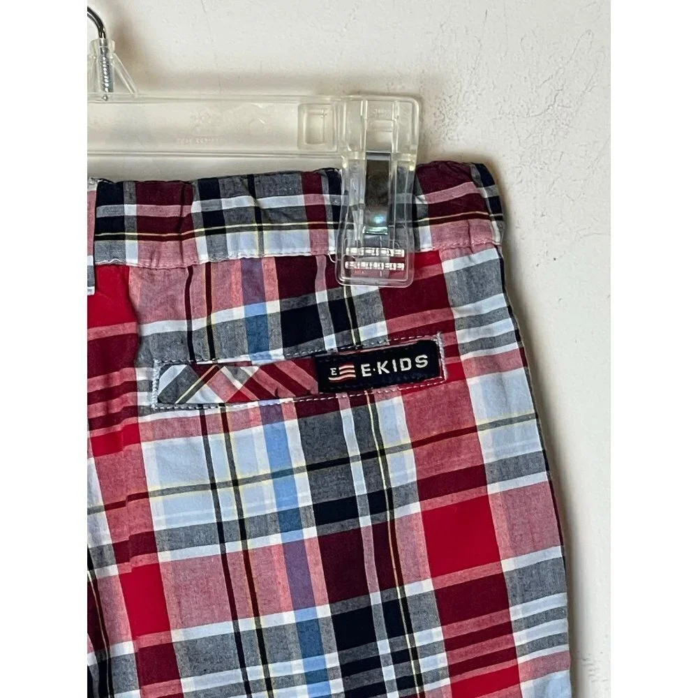E-Land Red Blue And Black‎ Cotton Plaid Adjustable Waist Shorts Size 4